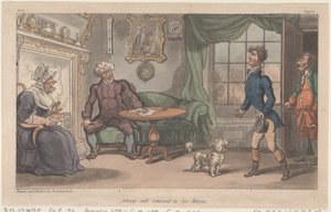 ジョニーは無事に母親の元に戻った。『The Military Adventures of Johnny Newcome, 1815』（1815年）より。 作： Thomas Rowlandson