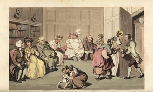 やぶ医者アノダインの待合室で他の患者と一緒にいるジョニー。Thomas Rowlandsonによる手彩色銅版画。William Combe著「The History of Johnny Quae Genus, the Little Foundling of the late Doctor Syntax」より。 作： Thomas Rowlandson