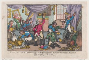 1808 年 9 月 25 日、マドリッドを去る前に時間を最大限に活用するキング ジョー一行。 作： Thomas Rowlandson