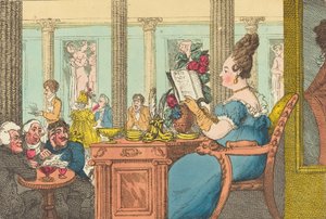 1814年、パリのパレ・ロワイヤルにあるカフェ・デ・ミル・コロンヌでの「ラ・ベル・リモナウディール」。 作： Thomas Rowlandson
