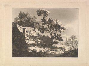 左側の木々の間のコテージと右側の遠い教会の尖塔のある風景、1783〜84年。 作： Thomas Rowlandson