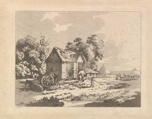 干し草を納屋に保管する人物のいる風景、カートと馬が左に横たわっている、1783-84年。 作： Thomas Rowlandson