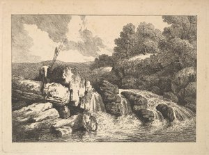 滝の横に岩を登る2人の漁師のいる風景、1784-88。 作： Thomas Rowlandson