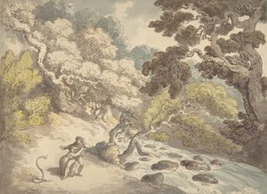 急流と蛇に怯えた岸辺の夫婦のいる風景、1775-1827年。
