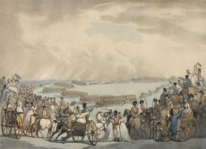 1798年7月5日、ウィンブルドンコモンのヘリー大佐の指揮によるロンドンとウェストミンスターの軽馬ボランティア、陛下のレビュー（色付きのアクアチント） 作： Thomas Rowlandson