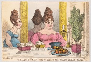 非常にマダム、レストラン経営者、パレロワイヤル、パリ、パブ。 1814（手塗りの彫刻） 作： Thomas Rowlandson