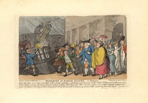 雨の中、人ごみの中で馬車を探す男性と女性。 作： Thomas Rowlandson
