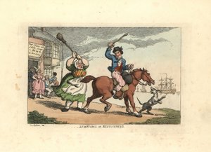 頑固な馬を棍棒で叩く男、その間オーナーは和道 作： Thomas Rowlandson