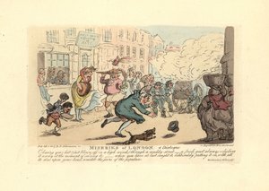 強風の中、ぬかるんだ道で帽子を追いかける男。 作： Thomas Rowlandson