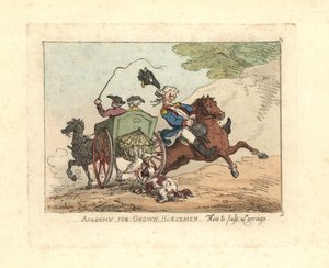 馬車を追い越す際にマウントをコントロールできなくなった男性。 作： Thomas Rowlandson