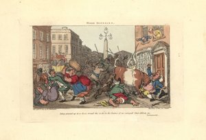 怒り狂った牛の角でドアに挟まれた男。 作： Thomas Rowlandson