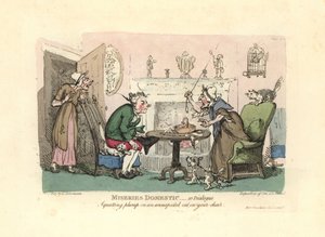 驚いた猫を椅子に座らせている男性。 作： Thomas Rowlandson