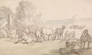野原にいる牝馬と子馬 作： Thomas Rowlandson