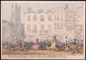 マスタービリー行列から食料品店、パブ。 1784年（手描きの彫刻） 作： Thomas Rowlandson