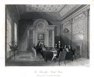 アドミラルティのボードルームで行われたアドミラルティの領主たちの会合。London Interiors, Their Costumes and Ceremonies, Joshua Mead, LondonよりThomas Rowlandsonの挿絵をもとにHenry Melvilleが描いたスティールエングレーヴィング。 作： Thomas Rowlandson