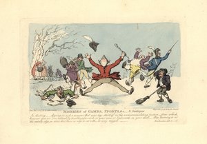 男性がアイススケートで転倒したり、別の人が氷を突き破って転倒したりなど。 作： Thomas Rowlandson