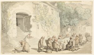 外で食事をする僧侶たち（レクト）；村の通り（裏面） 作： Thomas Rowlandson
