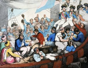 ナポレオン戦争、エジプト遠征（1798-1801）：ナイル川の戦い（アブーキールの戦い）（1798年8月）での輝かしい勝利を兵とともに祝うホレイショ・ネルソン提督（1758-1805）。