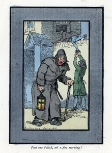 ランタンと杖を持った夜警が、後ろの家に入ってきた二人の強盗に気づかない様子（1819年）。トーマス・ローランドソン（1756-1827）の絵をもとにした木版画で、『The Cris of London: with six charming children and nearly 40 illus』に掲載されています。 作： Thomas Rowlandson