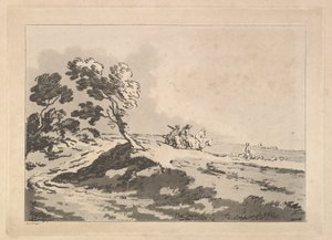 右に向かって中距離に3人の騎手がいるオープンランドスケープ、Windblo ...、1784-88。 作： Thomas Rowlandson