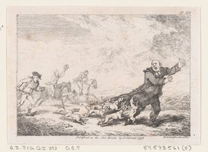 危険な狩猟の冒険に従事するパーソン・アダムス、「ジョセフ・アンドレの冒険...」、1792年。 作： Thomas Rowlandson