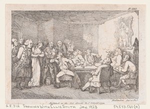 パーソン・アダムスとファニーは、ジャスティスの国の前で犯人として調べられた. The Adventures..., 1792. 作： Thomas Rowlandson