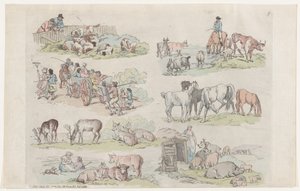 1791 年 1 月 31 日、プレート 11、図、風景、および牛の輪郭...学習者の使用のために... 作： Thomas Rowlandson