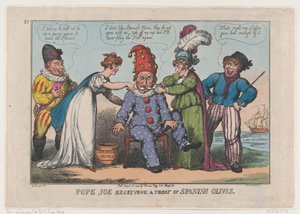 スペインのオリーブの御馳走を受け取る教皇ジョー、1808 年 8 月 23 日。、1808 年 8 月 23 日。 作： Thomas Rowlandson