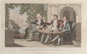 1822 年 1 月 1 日、The History o... より、Quae Genus Engaged with Jovial Friends、Or-Who Sings Best 作： Thomas Rowlandson