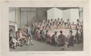 1821 年 11 月 1 日、「The History of Johnny Quae Gen...」より、賭博場で司会を務める Quae Genus。 作： Thomas Rowlandson