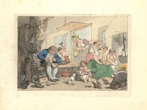 リージェンシー時代の靴修理職人が、混雑した部屋で靴を修理している様子。