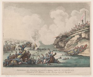 1798 年 5 月 18 日、... の島々で傷病兵の前で行われたフランス侵攻のリハーサル。 作： Thomas Rowlandson