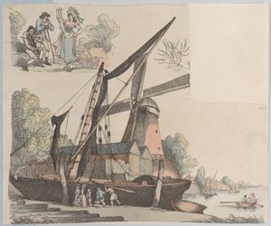 1791 年 1 月 20 日、図版 9 の風車のある川の風景、人物、風景、風景の概要。 作： Thomas Rowlandson