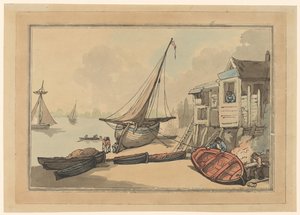 岸辺に停泊するボートと帆船 作： Thomas Rowlandson