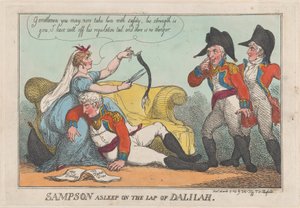 ダリラの膝の上で眠るサンプソン、1809 年 3 月 19 日。、1809 年 3 月 19 日。 作： Thomas Rowlandson