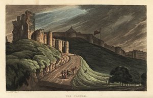 スカボロー城：12世紀の石造りの城に向かって丘を歩く観光客。Poetical Sketches of Scarborough, Ackermann, Londonより、J.GreenのスケッチをもとにThomas Rowlandsonが描いた手彩色の銅版画。
