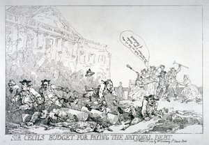 「国債を支払うためのセシル卿の予算」、1874 年。 作： Thomas Rowlandson