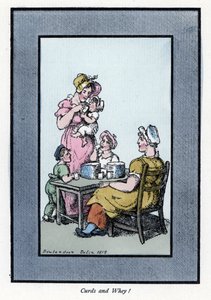 ウズラのミルクと牛乳を売る座った女性には母親と子供がいる（1819年）。トーマス・ローランドソン（1756-1827）の絵をもとにした木版画で、『The Cris of London: with six charming children and nearly 40 illustrations, by Andrew Tuer, Field』に掲載されています。 作： Thomas Rowlandson