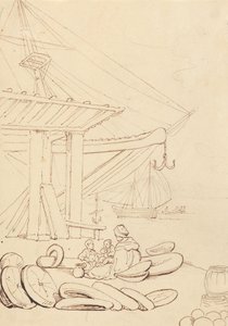 埠頭に座る女性と子供たちのスケッチ 作： Thomas Rowlandson