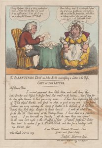 1809 年 2 月 23 日、セント バレンタインデーまたは妻への手紙を傍受するジョン ブル。 作： Thomas Rowlandson