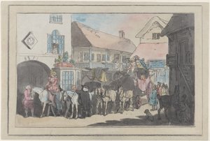 宿屋の庭の舞台コーチとライダー、出発の準備、1789-95、1789-95。 作： Thomas Rowlandson