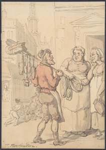 街の風景：筆の行商人 作： Thomas Rowlandson