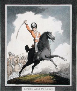 1798年に出版された「ハンガリーとハイランドの大剣」より「剣の腕の保護」（アクアチント） 作： Thomas Rowlandson