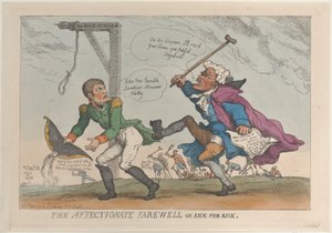 1814 年 4 月 17 日、愛情のこもった別れ、またはキックにはキック。 作： Thomas Rowlandson