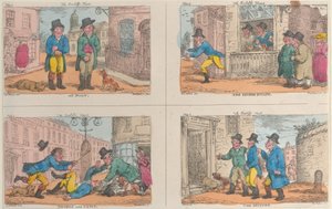 廷臣の狩り。At Fault」、「The Second Escape」、「Double and Squat」、「The Seizure」、1809. 作： Thomas Rowlandson