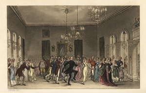 The Ball Room: Scarborough Assembly Roomsで踊るおしゃれな観光客。踊る紳士は2s、お茶を飲む婦人は1sを支払う。Poetical Sketches』のJ. GreenのスケッチにThomas Rowlandsonが描いた手彩色の銅版画。