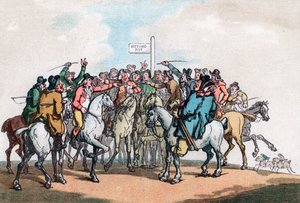 賭けのポスト、キツネ狩りのユーモア、1799年。 作： Thomas Rowlandson
