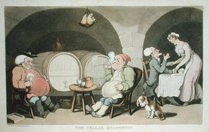 1812年に出版されたWilliam Combeの「The Tour of Dr Syntax in search of the Picturesque」から「The Cellar Quartetto」（アクアチント）。 作： Thomas Rowlandson