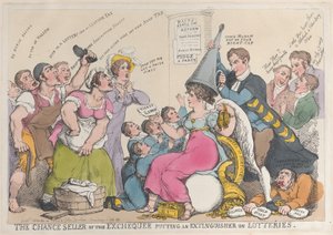 1823 年 9 月 18 日、宝くじに消火器を置く国庫のチャンス売り手。 作： Thomas Rowlandson