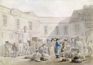 ブローニュの税関（ペンと紙に鉛筆の上に灰色のインクが付いたトイレ） 作： Thomas Rowlandson